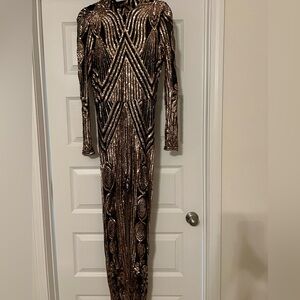 Black and Gold Sequin Long Sleeve Jumpsuit